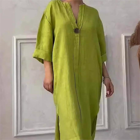 👗Robe décontractée et respirante de couleur unie avec manches 3/4 et col en V