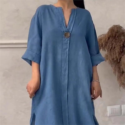 👗Robe décontractée et respirante de couleur unie avec manches 3/4 et col en V