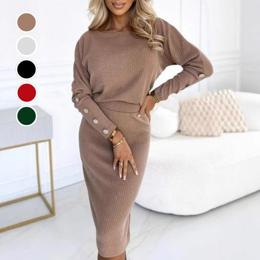 Ensemble deux pièces haut et jupe en tricot côtelé pour femme