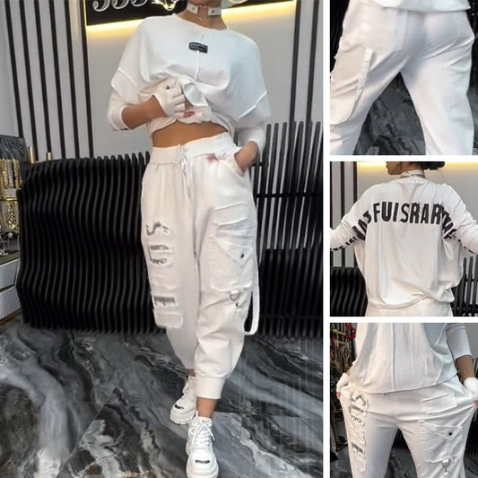 🌸Spécial printemps🌸 Haut décontracté pour femme avec impression de lettres et pantalon (ensemble 2 pièces)