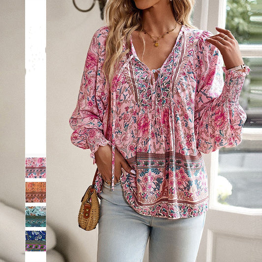 🔥Vente à chaud - 50 % de réduction🔥Chemise à manches longues à col V imprimé pour femmes