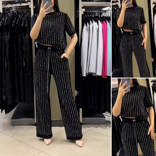 🌸2025 Vente à chaud👠Ensemble deux pièces en tricot rayé à strass pour femmes(40 % de réduction)