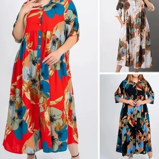 Robe longue ample imprimée boutonnée à revers pour femme