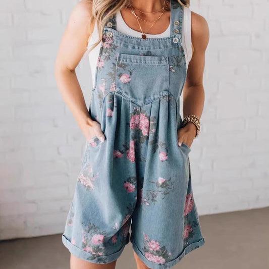 🌸 50 % de réduction🌸 Vintage Floral Printed Denim Jumpsuit