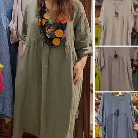 💃Robe décontractée ample à col rond et manches 3/4 pour femme, couleur unie, avec poches