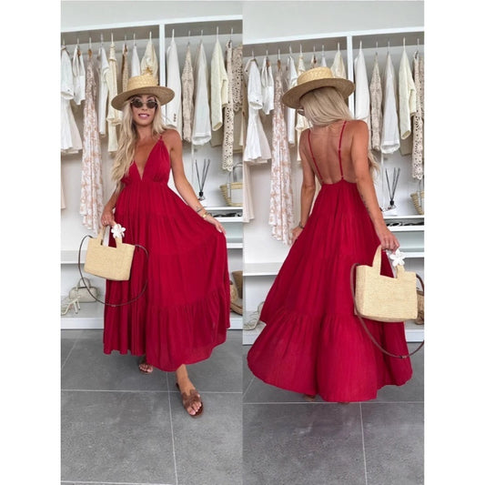 🔥Nouvelle vente à chaud❤️‍🔥Robe maxi dos nu avec décolleté profond en V pour femme