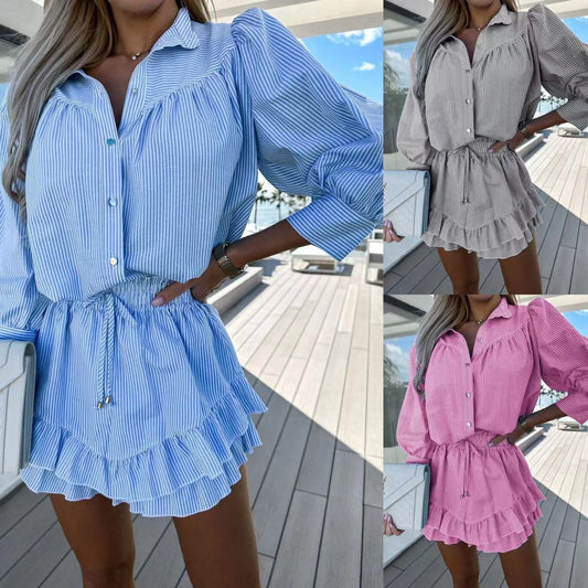 ⏳Durée limitée 50 % de réduction⏳Ensemble femme avec hauts boutonnés rayés et jupes courtes à revers
