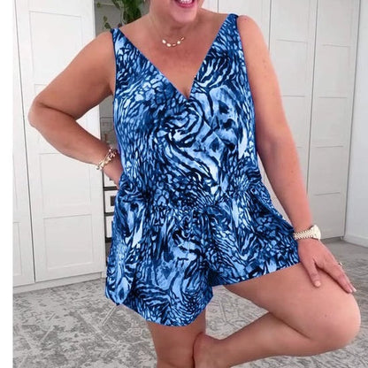 Maillot de bain sans manches à col en V imprimé
