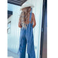 V-Neck Sleeveless Sexy Open-Back Washed Denim Jumpsuit
