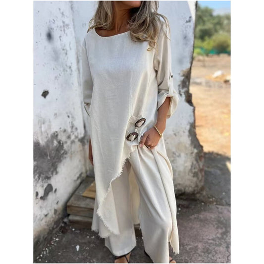 🌸Offres spéciales printemps🌸 Robe irrégulière et pantalon ample pour femme (ensemble 2 pièces)