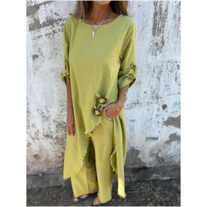 🌸Offres spéciales printemps🌸 Robe irrégulière et pantalon ample pour femme (ensemble 2 pièces)