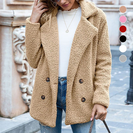Manteau Court en Peluche Chaud avec Col à Revers Cranté pour Femmes